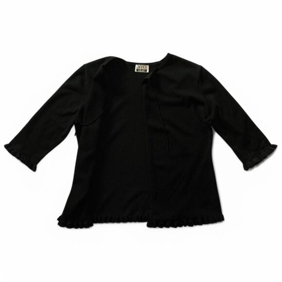 Anna Gray Sweater Open Front with 3/4 Sleeves Black Ruffle Trim 38 Inch Bust - Picture 6 of 8